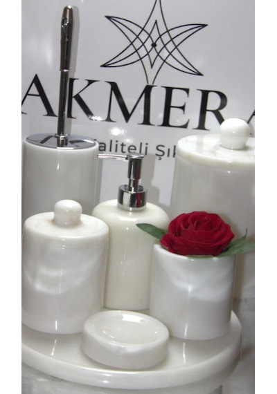 Akmera Home Mermer Kulplu 7 Parça Şık Banyo Seti Özel Tasarım Beyaz