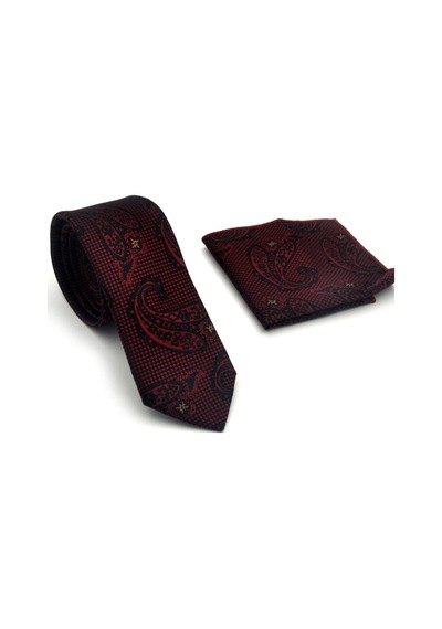 Gaffy Bordo Lacivert Şal Desenli Dokuma Kumaş Mendilli Slim Fit Kravat // Sdk-2604-4 Bordo