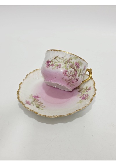 Limoges Çiçek Figürlü Pembe Kahve Fincan Takımı Çok Renkli
