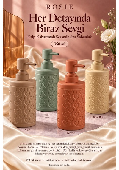 Rosıe Vizon Kabartma Kalp Desenli Yuvarlak Seramik Sıvı Sabunluk 350 Ml Karışık