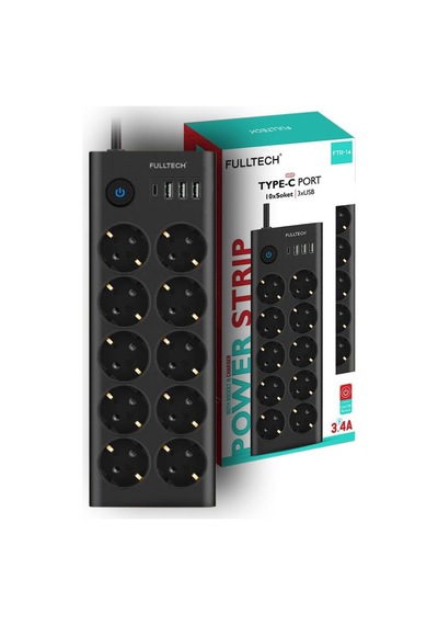 Fulltech Ftr14 Type-c Girişli Akım Korumalı 10 Lu Priz, 3 Usb Standart