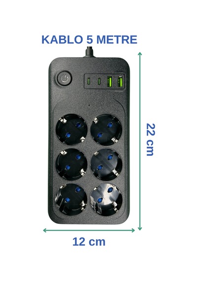 Techmaster 2 Usb 2 Type-c Akım Çocuk Korumalı 6lı Priz 5mt Kablo Diğer