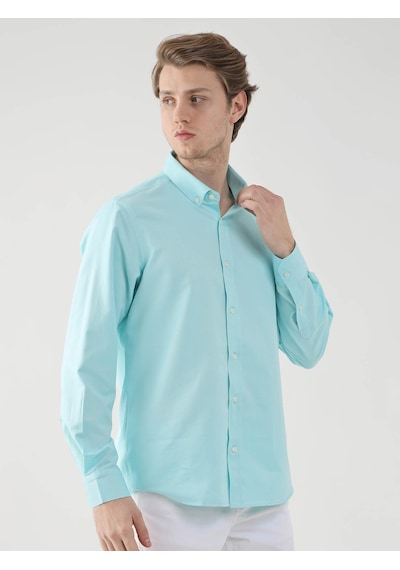 Dufy Mint Yeşili Erkek Slim Fit Brent Düğmeli Yaka Uzun Kol Gömlek - 92093 Mint