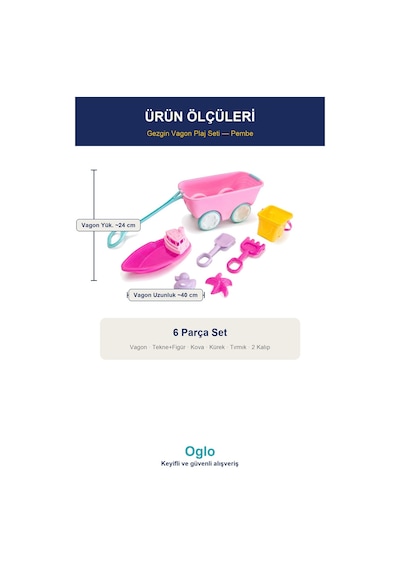 Gezgin Vagon Plaj Seti Çekilebilir Kum Oyuncağı, Tekne+kova+kürek 6 Parça Set 3+ Yaş - Pembe