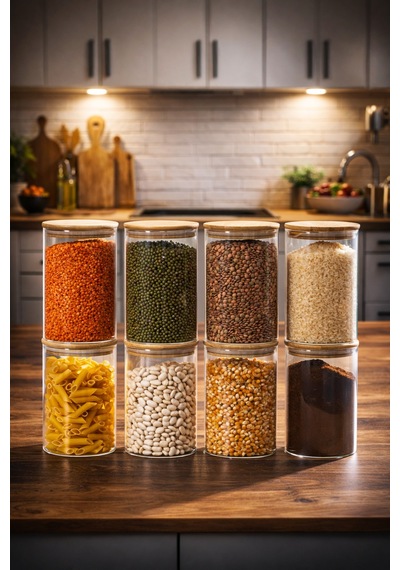 Porsima 2-4 Bambu Borosilikat Vakumlu Kapaklı Yuvarlak Cam 8li Kavanoz Seti Saklama Kabı 1300ml 10x20cm