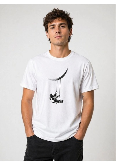 Novalisse Erkek Astronot Ay Temalı Tişört Kısa Kol Yazlık Bisiklet Yaka T-shirt - Beyaz Çoklu Renk