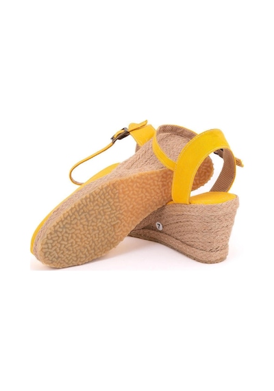 Gerçek Elişi Topuğu Açık Bilekten Bantlı Dolgu Topuk Keten Hasır Espadril Handmade Sarı