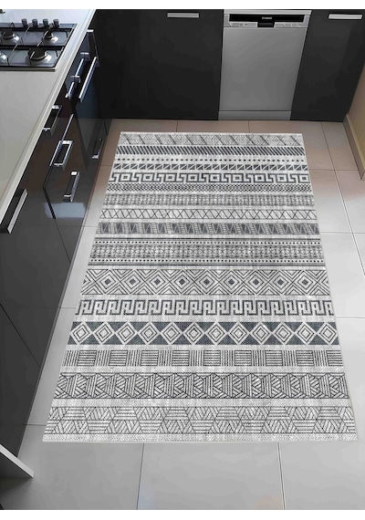 Gri Renk Etnik Desen Modern Halı Dekoratif Kilim
