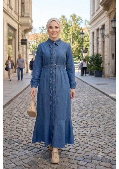 Hb Harma Time Butik Kadın Fırfır Detaylı Düğmeli Kuşaklı Kot Mavi Elbise Mavi Mavi