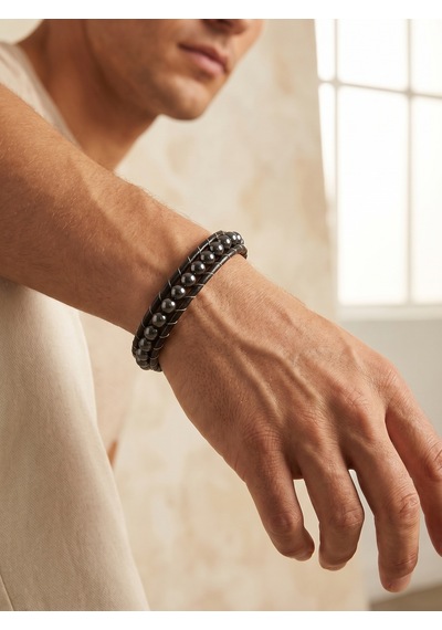 Hematit Taşlı Deri Kordon Ve Çelik Bileklik 6mm Erkek Hediyesi 01797 Çok Renkli