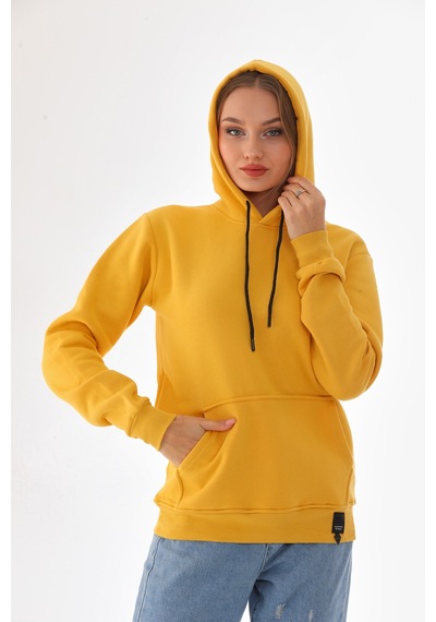 Everest Everst Kapüşonlu 3 İplik Şardonlu Kanguru Cepli Sweatshirt Sarı