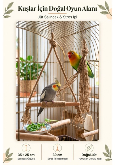 Mivra Pets 2'li Kuş Oyuncağı Ahşap Salıncak + Stres İpi
