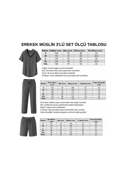 Erkek Müslin Kapşonlu 3'set Gömlek-şort-pantalon Gri