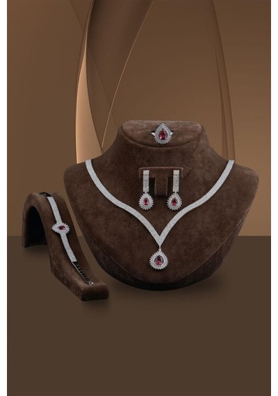 Kadın Gümüş Set - Arissa Yakut Taşlı Gümüş Su Yolu Set - Kolye, Bileklik, Küpe, Yüzük Işıklı Kutuda