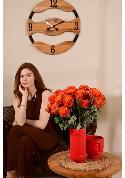 Turuncu Yapay Ranunculus Şakayık Çiçeği 3 Dallı Lüx İpeksi Dokulu 50 Cm