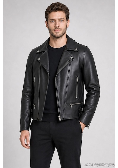 Freemen Erkek Slim Fit Çapraz Fermuarlı İçi Kürklü Suni Deri Ceket-421 Siyah