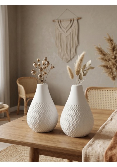 Kaveld Vela 2'li El Yapımı Mermer Tozu Vazo, Armut Form Minimalist Kuru Çiçek Vazоsu Beyaz