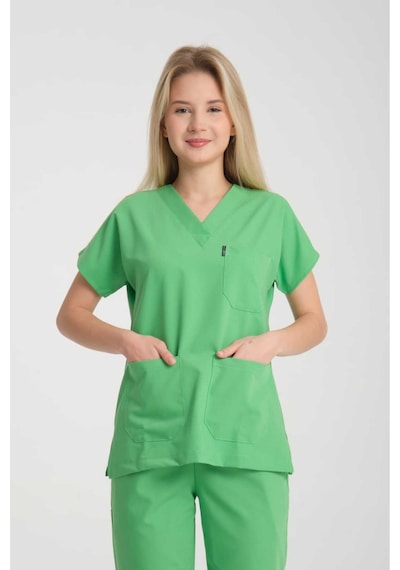 Üniforma V Yaka Fıstık Yeşil Likralı Unisex Doktor Hemşire Takım Scrubs Fıstık Yeşil
