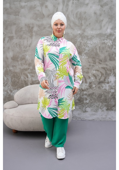 Polologin Butik Renkli Yaprak Desenli Hakim Yaka Tunik Yeşil Pembe Beyaz