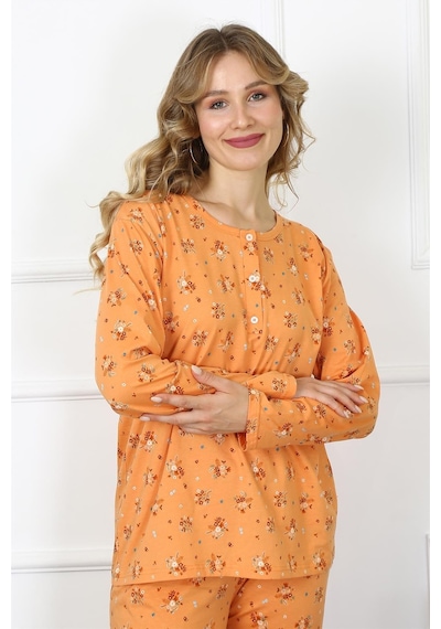 Akbeniz Kadın 4xl-5xl-6xl-7xl-8xl Büyük Beden Uzun Kol Pijama Takım 75014-turuncu Turuncu
