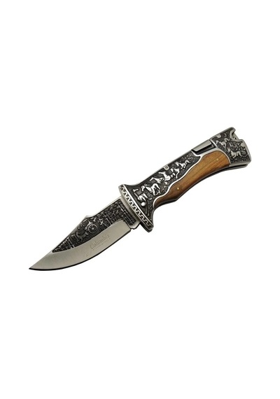 A3189c Kahve Kamp Çakısı 23cm- Manuel, At İşlemeli Ahşap Sap, Özel Kutulu, Kılıflı