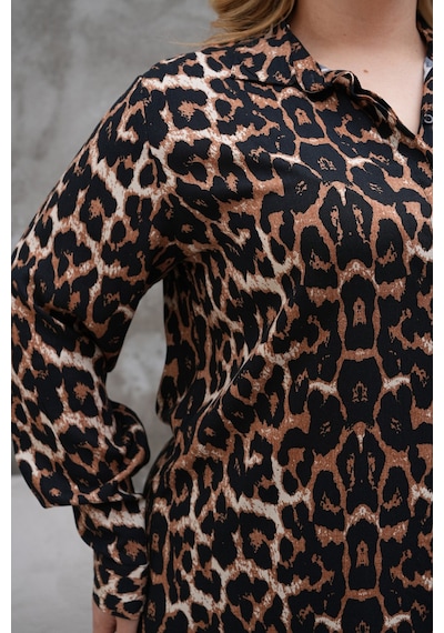 Polologin Butik Leopar Desenli Büyük Beden Uzun Tunik Kahverengi