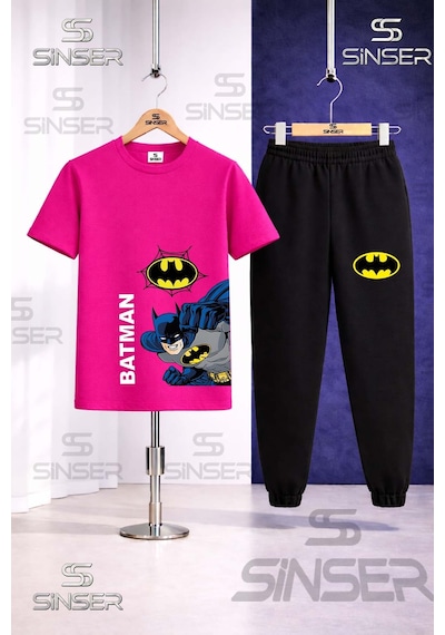 Ss Sinser Çocuk Batman Yan Yumruk Yazı Byk Baskılı Tişort Eşofman Takımı Pembe - Siyah