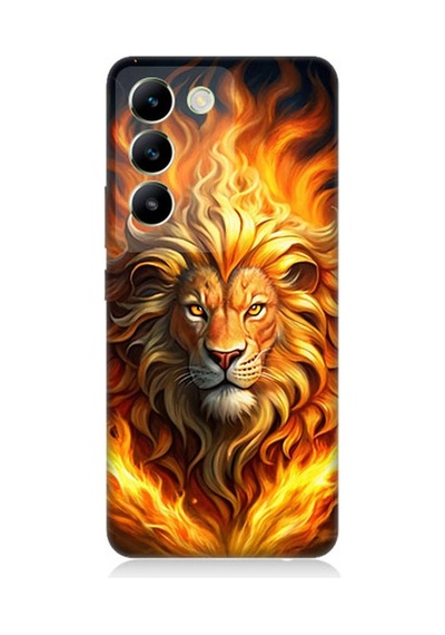 Vivo V30 Lite Uyumlu Alevler İçinde Aslan Desenli Silikon Kılıf Çok Renkli
