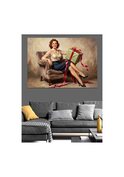 Hediye Paketi Tutan Pin-up Kadın Yağlı Boya Dokulu Kanvas Tablo Canvas Tablosu