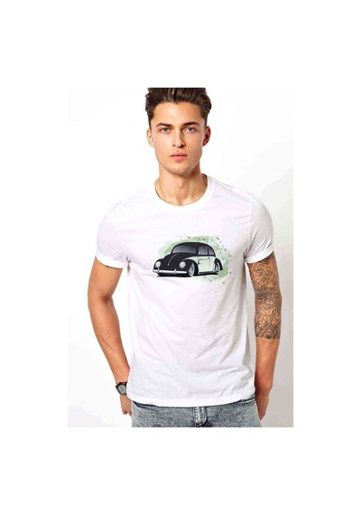 Vw Wosvos Beetle Baskılı Beyaz Erkek Tshirt