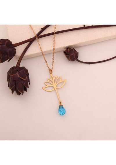 925 Ayar Altın Mikron Kaplama Drop Taşlı Lotus Çiçeği Gümüş Kolye - Cns00592 Altın