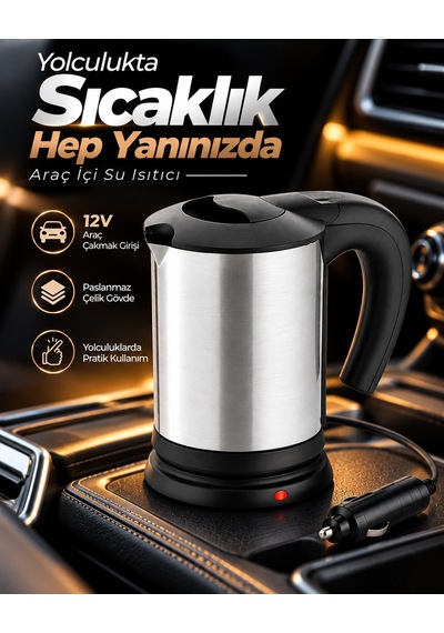 12v Araç Çakmak Girişli Paslanmaz Çelik Araç İçi Su Isıtıcı Seyahat Tipi Pratik Kettle - Lisinya
