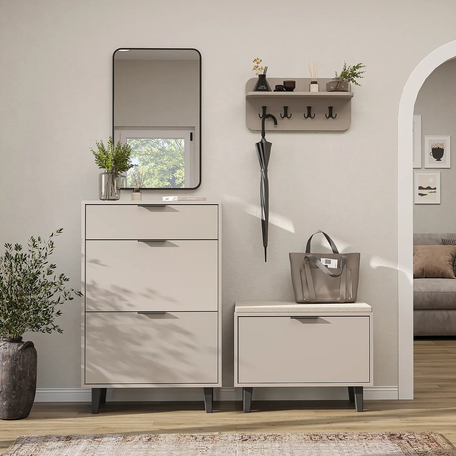 Nord Vestiyer Takımı Kapaklı Askılıklı Ayakkabılık Dolabı, Bench, Modüler, Aynalı Portmanto Takımı Kumtaşı Nord Vestiyer Takımı Kapaklı Askılıklı Ayakkabılık Dolabı, Bench, Modüler, Aynalı Portmanto Takımı Kumtaşı