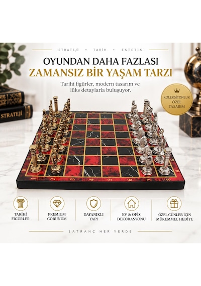 Lüks Metal Satranç Takımı Osmanlı Bizans Figürlü Krom Kırmızı Mermer Desenli 20 X 20 Premium Hediye