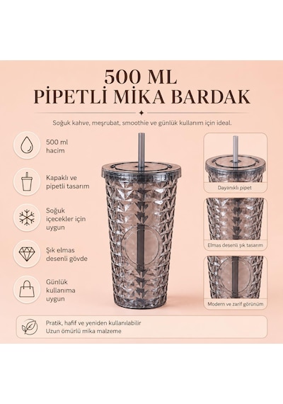 Pipetli Mika Bardak 500 Ml, Kapaklı Ve Pipetli İçecek Bardağı, Soğuk Kahve Meşrubat Smoothie Ve Günlük Kullanım İçin Pratik Plastik Bardak Siyah Çok Renkli