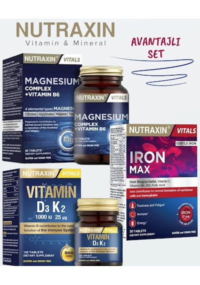 Nutraxin Magnezyum Complex 60 Tablet + Iron Max 17mg 30 Tablet + D3k2 Vitamini 120 Tablet Üçlü Set