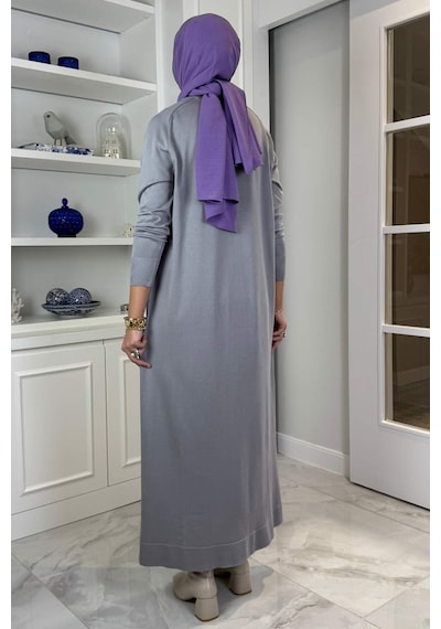 Rabia Şamlı Beyza Fitilli Triko Elbise Gri Normal