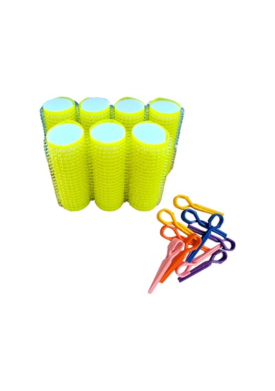 Croc 1223 Sarı 7li Bigudi Çap:2cm +10lu Plastik Pensli Cırtlı Saç Bigudisi Sarı