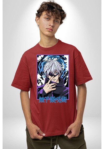 Jujutsu Vintage Washed - Megumi Gojo Anime Manga Pamuklu Bisiklet Yaka Unisex Oversize Boyfriend Dijital Baskılı Kırmızı T-shirt Kırmızı