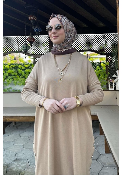 Rabia Şamlı Sevda Triko Tunik Bej Çok Renkli