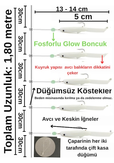 Ea Genset Beyaz Silikon Balıklı Çapari 5 Cm 2 Adet Silikon At Çek Takımı Fosforlu Glow Boncuklu