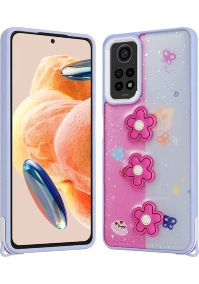 Xiaomi Redmi Note 12 Pro 4g Kılıf Parlayan Simli Kabartma Figürlü Zore Cevze Kapak Mor Papatya