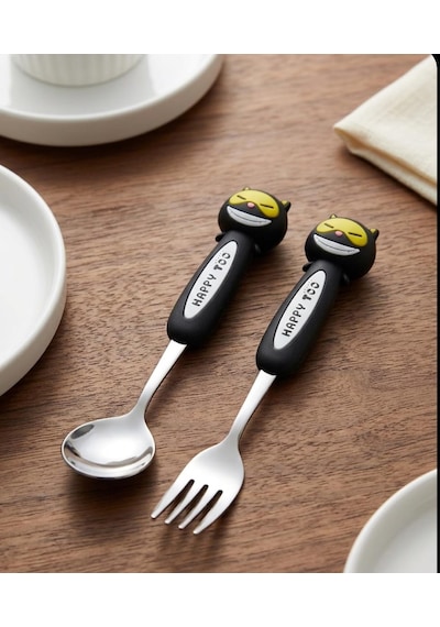 Sevimli Figürlü Premium Çocuk Bpa Free Paslanmaz Çelik Uçlu Çatal-kaşık Set 24+ Ay Siyah