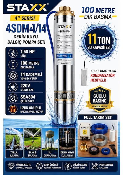 Staxx Çelik Şaftlı 14 Kademeli Derin Kuyu Dalgıç Pompa Sistemi 11ton 4sdm4/14 220v Kalem Dalgıç
