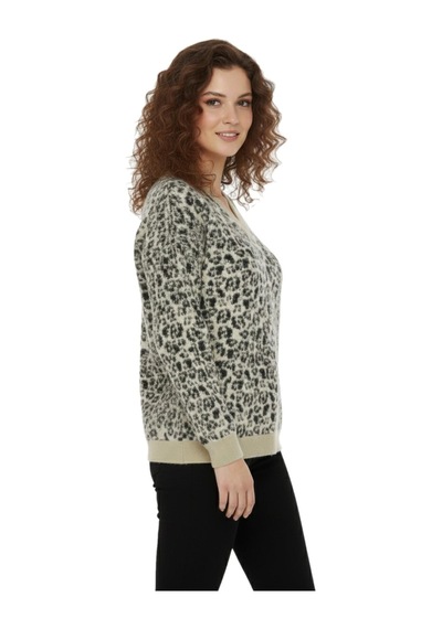 Lavella Kadın V Yaka Leopar Desen Sakallı Triko Kazak Bgl-st05079 Krem