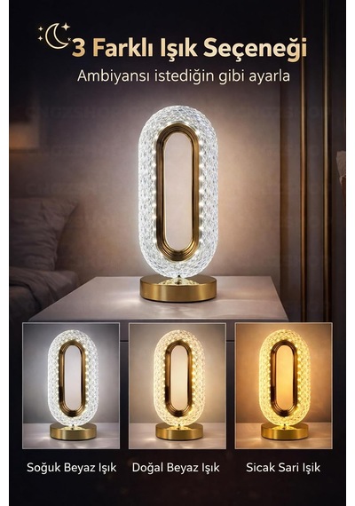 Dokunmatik Şarjlı 3 Kademeli Işıklı Kristal Led Masa Lambası, Altın, 12 X 24 Cm Çok Renkli