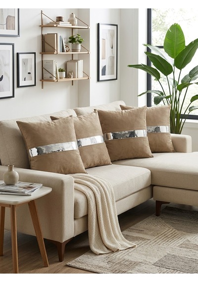 Venüs 07 Gold Şeritli 4 Lü Set Dekoratif Ve Modern Modern Tasarım Kırlent Kılıfı Lüks Koltuk Yastık Kılıfı Gümüş