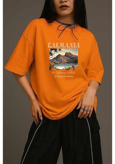 Tasmania Baskılı Unisex Oversize Tişört Turuncu