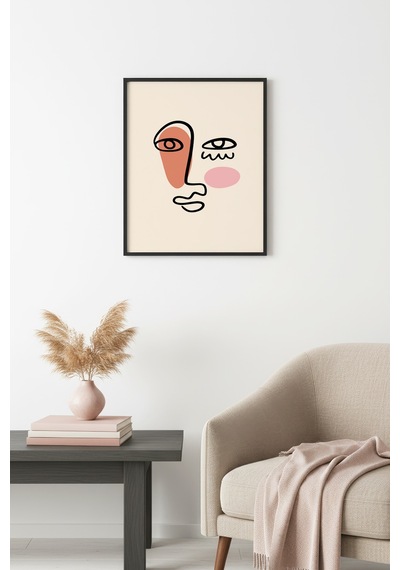Doğal Ahşap Çerçeveli Soyut Yüz Portresi Tablo - Minimalist Line Art Huhu2671