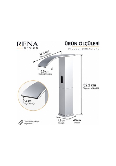 Rena Design Fotoselli Sensörlü Krom Kare Çanak Lavabo Bataryasi Temassiz Otomatik Tasarruflu Modern Musluk